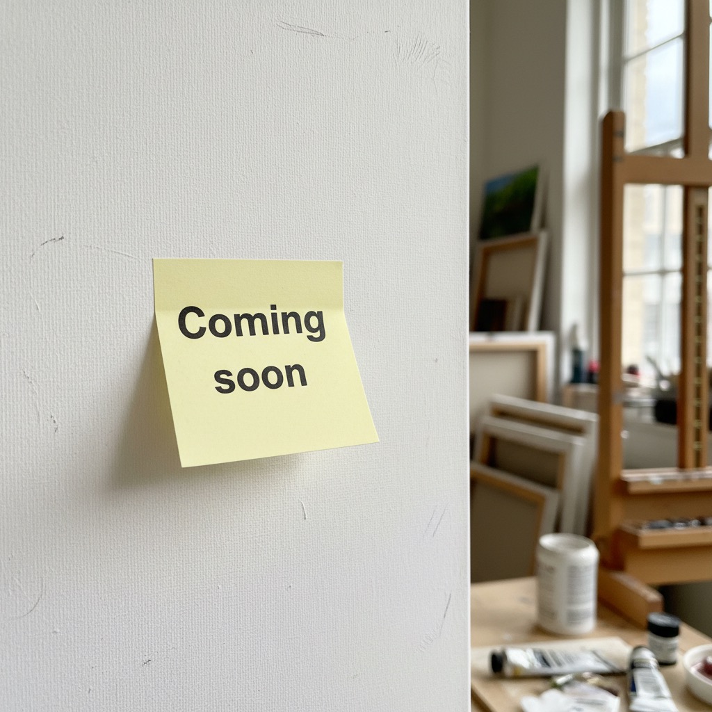 Ein gelber Haftnotizzettel mit der Aufschrift „Coming soon“ hängt an einer weißen Wand.